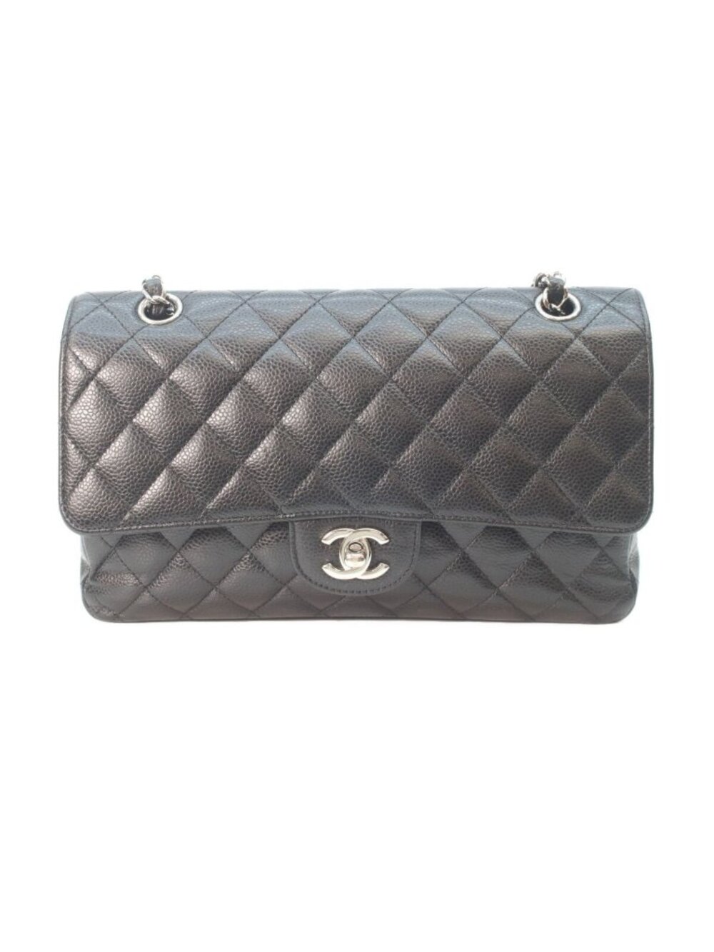 Chanel Black Caviar Silver Double Flap Bag Quilted 25